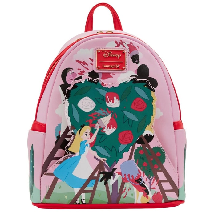 Front view of Loungefly Disney Alice in Wonderland Painting the Roses Red Mini Backpack featuring Alice painting white roses red.